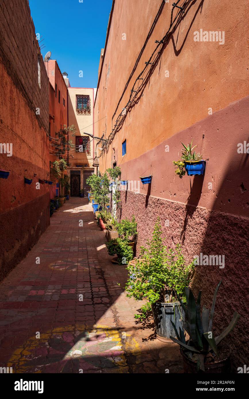 Marrakech Marocco 2023: Strada tipica della Kasbah che mostra l'architettura araba. Cultura colorata delle case. Foto Stock