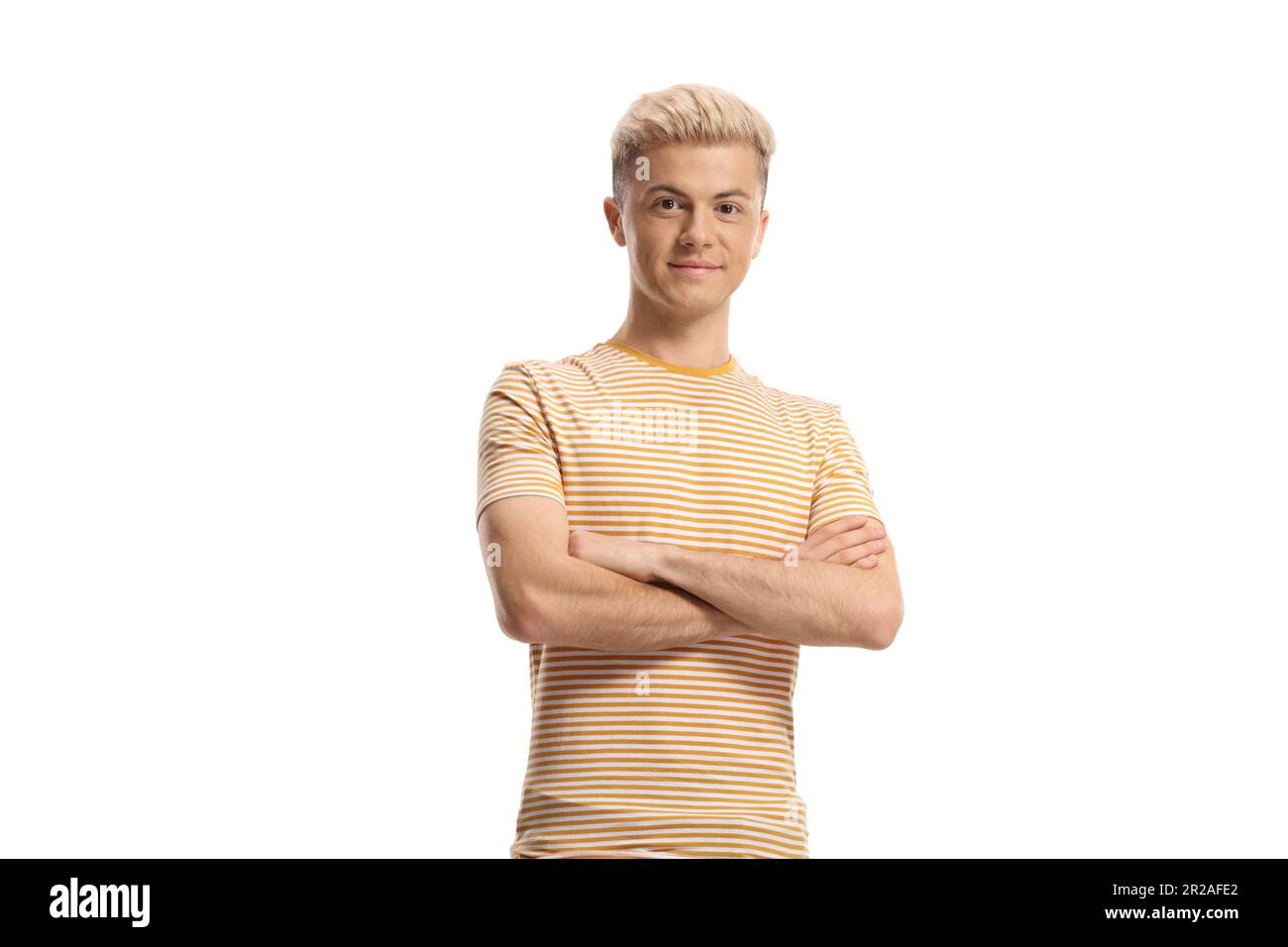 Ragazzo con capelli sbiancati isolato su sfondo bianco Foto Stock
