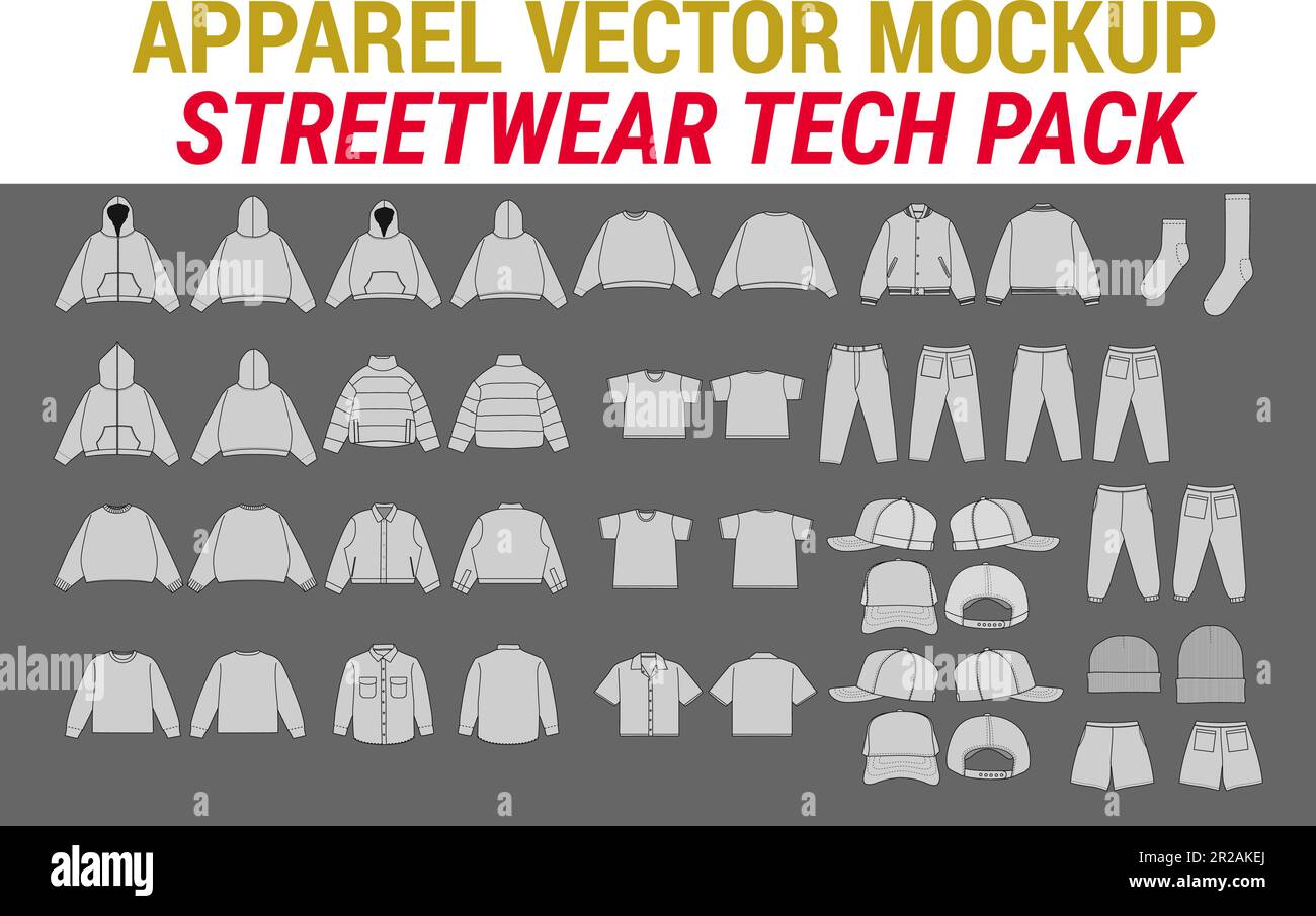 Stretwear Vector Mockup Pack Vector Apparel Mockup Collection Fashion Illustrator Vector Tech Pack T-shirt da uomo camionista felpa con cappuccio joggers giacca corta Illustrazione Vettoriale