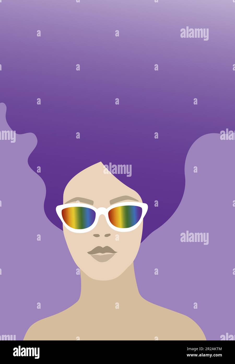 Persona con occhiali da sole color arcobaleno e capelli lunghi viola. Illustrazione per il mese di orgoglio o lo sfondo del poster LGBTQ. Illustrazione Vettoriale