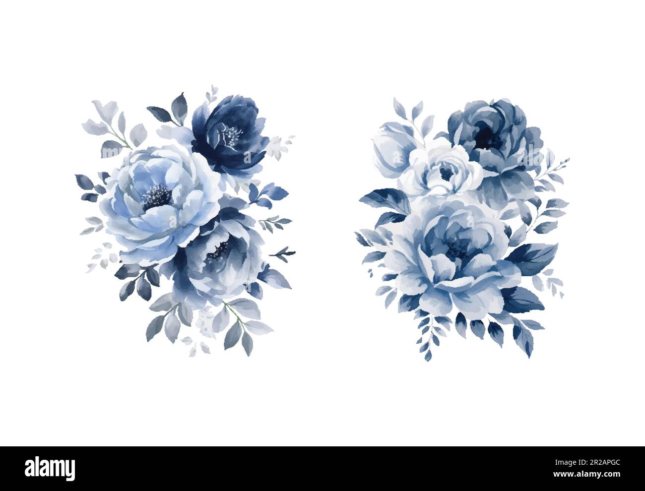 Acquerello blu navy set fiori, vintage vettore fiori collezione. Illustrazione Vettoriale