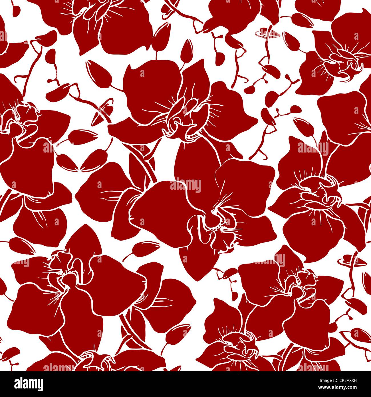 motivo senza cuciture di grandi silhouette rosse di orchidee su sfondo bianco, texture, design Foto Stock