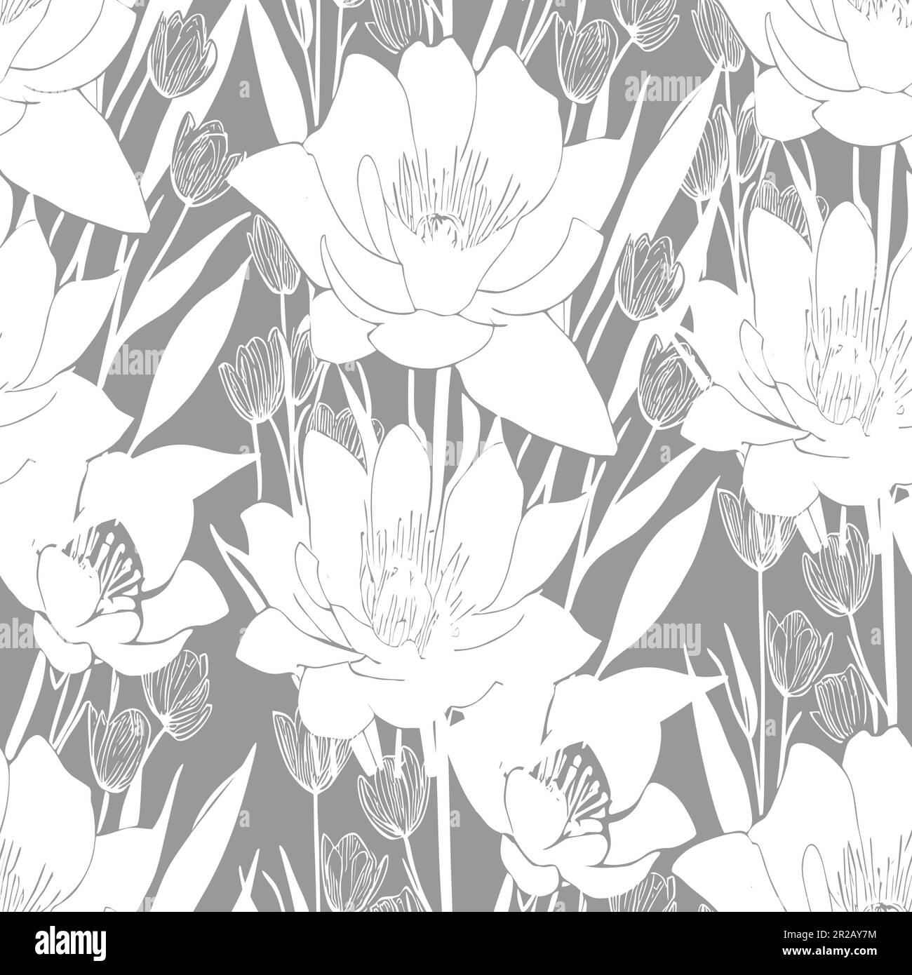 bianco senza cuciture modello astratto di grandi fiori su uno sfondo grigio, texture, design Foto Stock