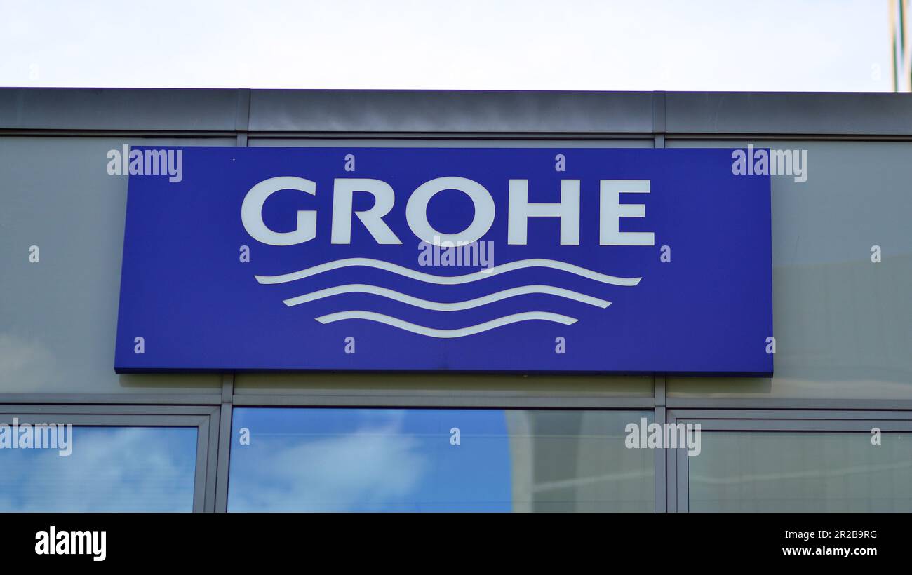 Varsavia, Polonia.14 maggio 2023. Cartello Grohe. Cartello aziendale Grohe Foto Stock