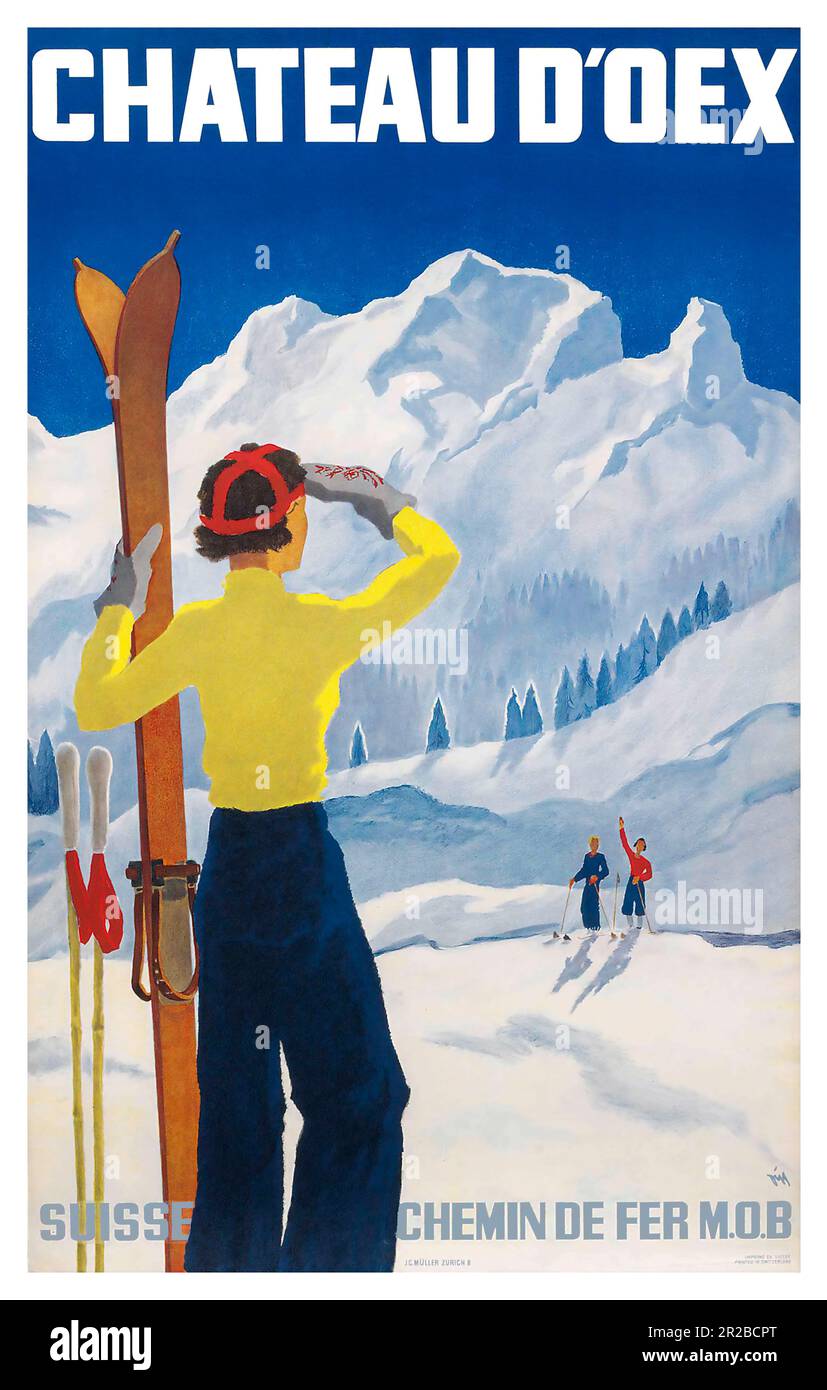 Vintage Château D'Oex Svizzera poster da viaggio di Alex Walter DIGGELMANN 1930 Foto Stock