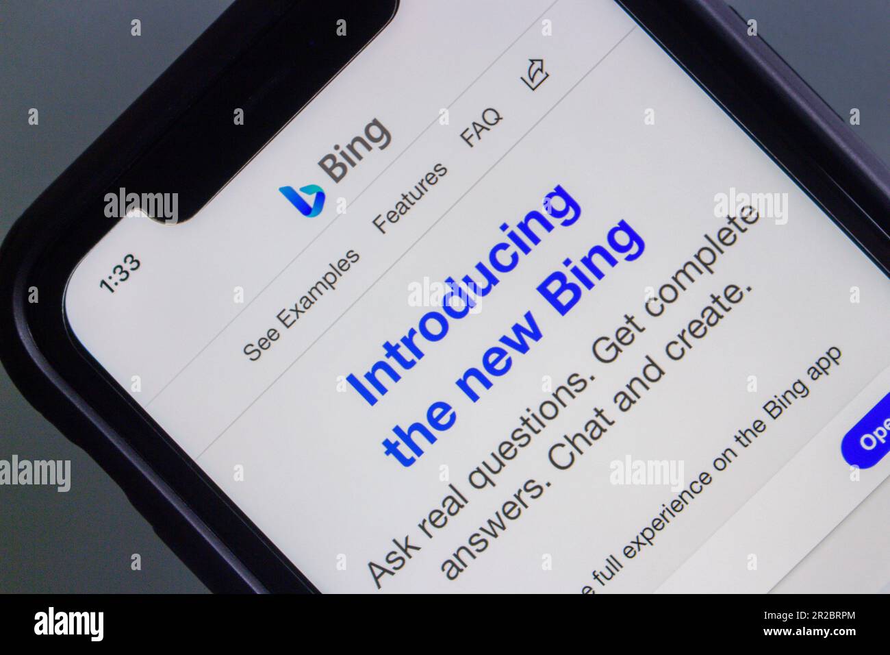 Vancouver, CANADA - Maggio 14 2023 : un post "The New Bing - per saperne di più (introduzione al nuovo Bing)" dal motore di ricerca basato sull'intelligenza artificiale sito Web Microsoft Bing. Foto Stock