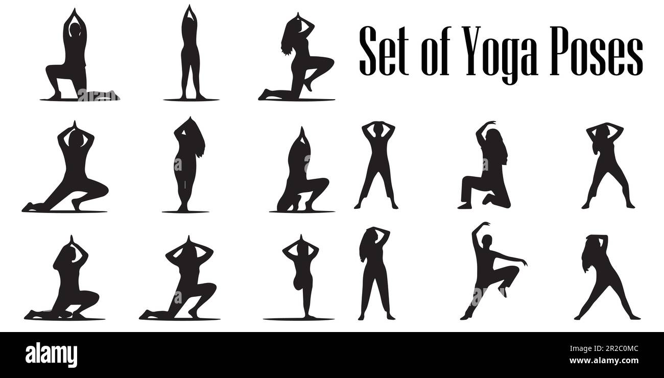 Una serie di silhouette di persone che fanno vettore yoga. Illustrazione Vettoriale