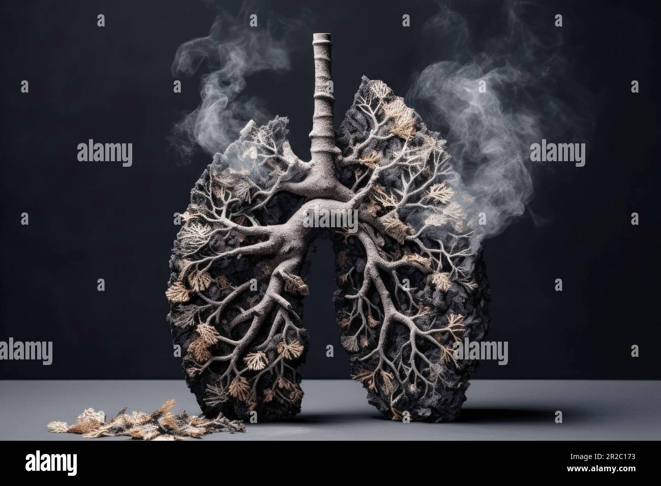 Polmoni affumicati di una persona malata da cui proviene il fumo di tabacco, un polmone malato distrutto, silhouette anatomica. mondo no tabacco giorno Foto Stock