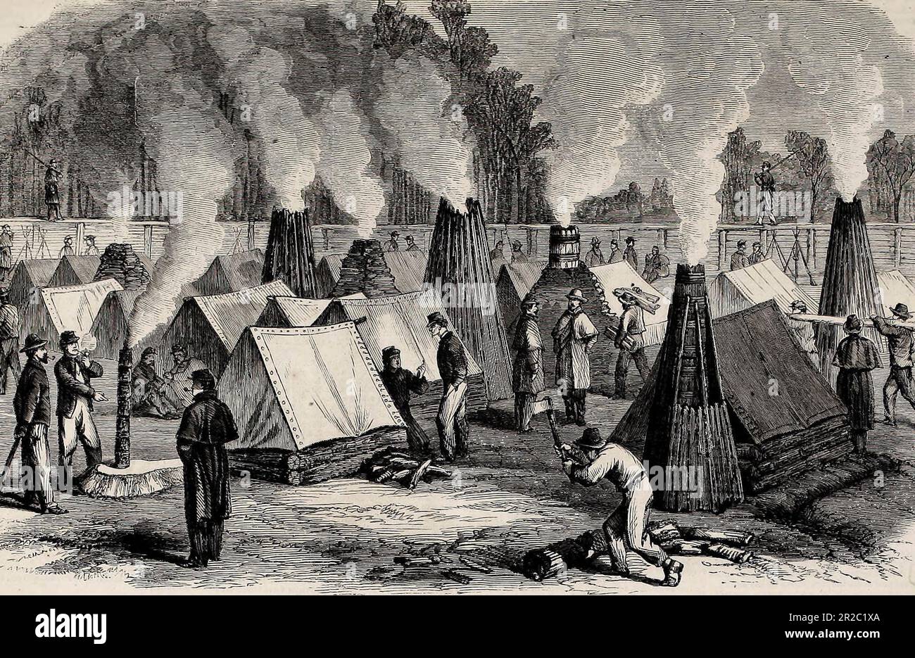 Scena nella vita del campo - architettura di Chimney - i nostri soldati ai loro fuochi del campo - guerra civile americana - 1864 Foto Stock