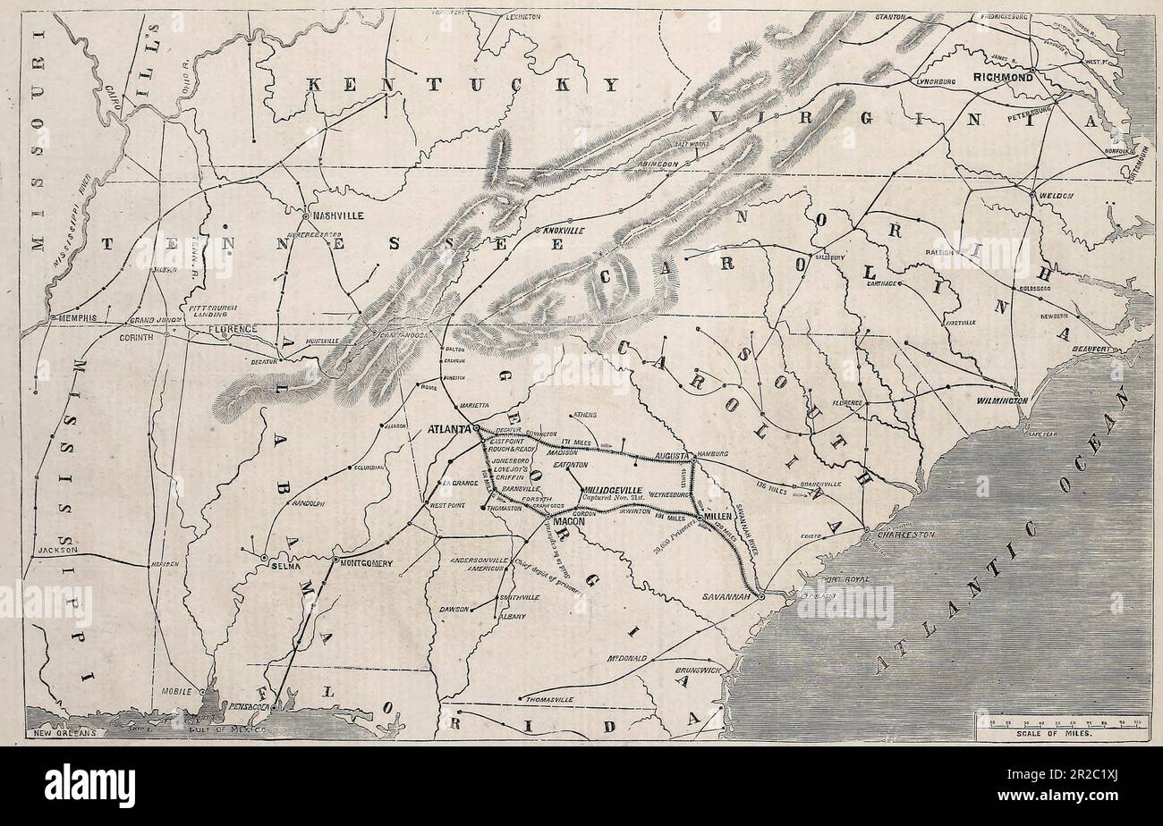 Mappa del generale Shermans avanzare attraverso gli stati del sud - il percorso da Atlanta al Seacoast - Vista generale del campo di guerra - Guerra civile americana, 1864 Foto Stock