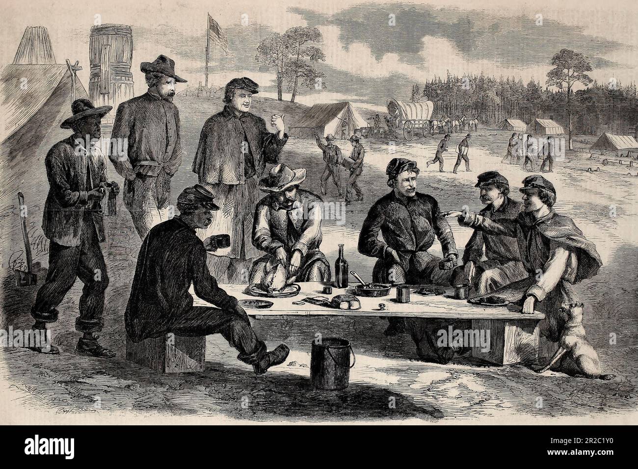 La cena del Ringraziamento dei soldati nel campo durante la guerra civile americana, 1864 Foto Stock