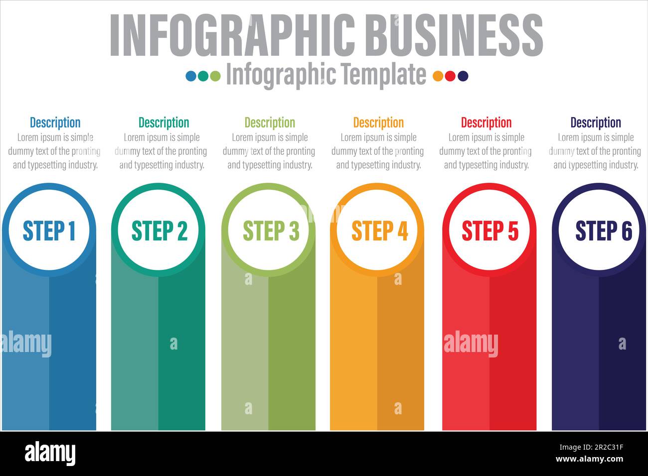 Modello di brochure Infografica a 6 fasi e sei opzioni con un'ampia scelta di opzioni e molti elementi di design Illustrazione Vettoriale