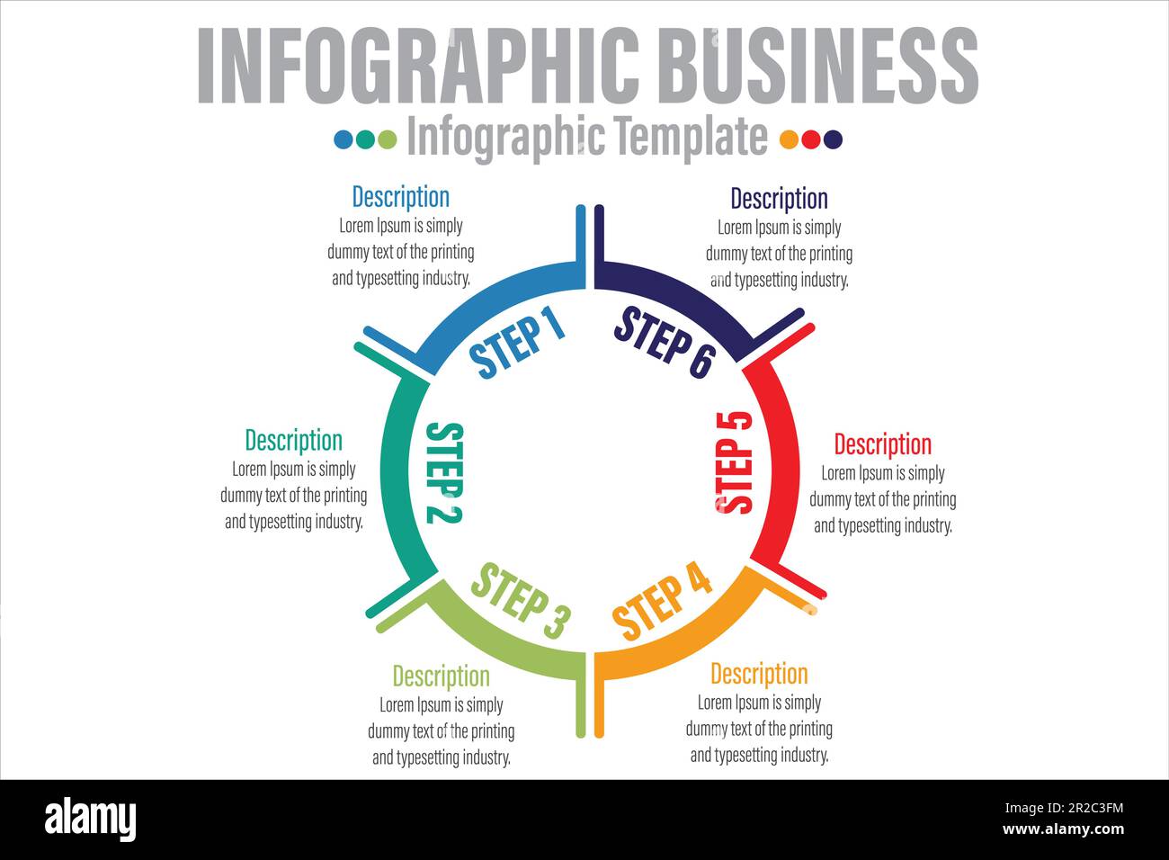 Modello di diagramma circolare con sei passaggi, sei opzioni 6, sei elementi 6, modello infografico per Web, business, presentazioni Illustrazione Vettoriale