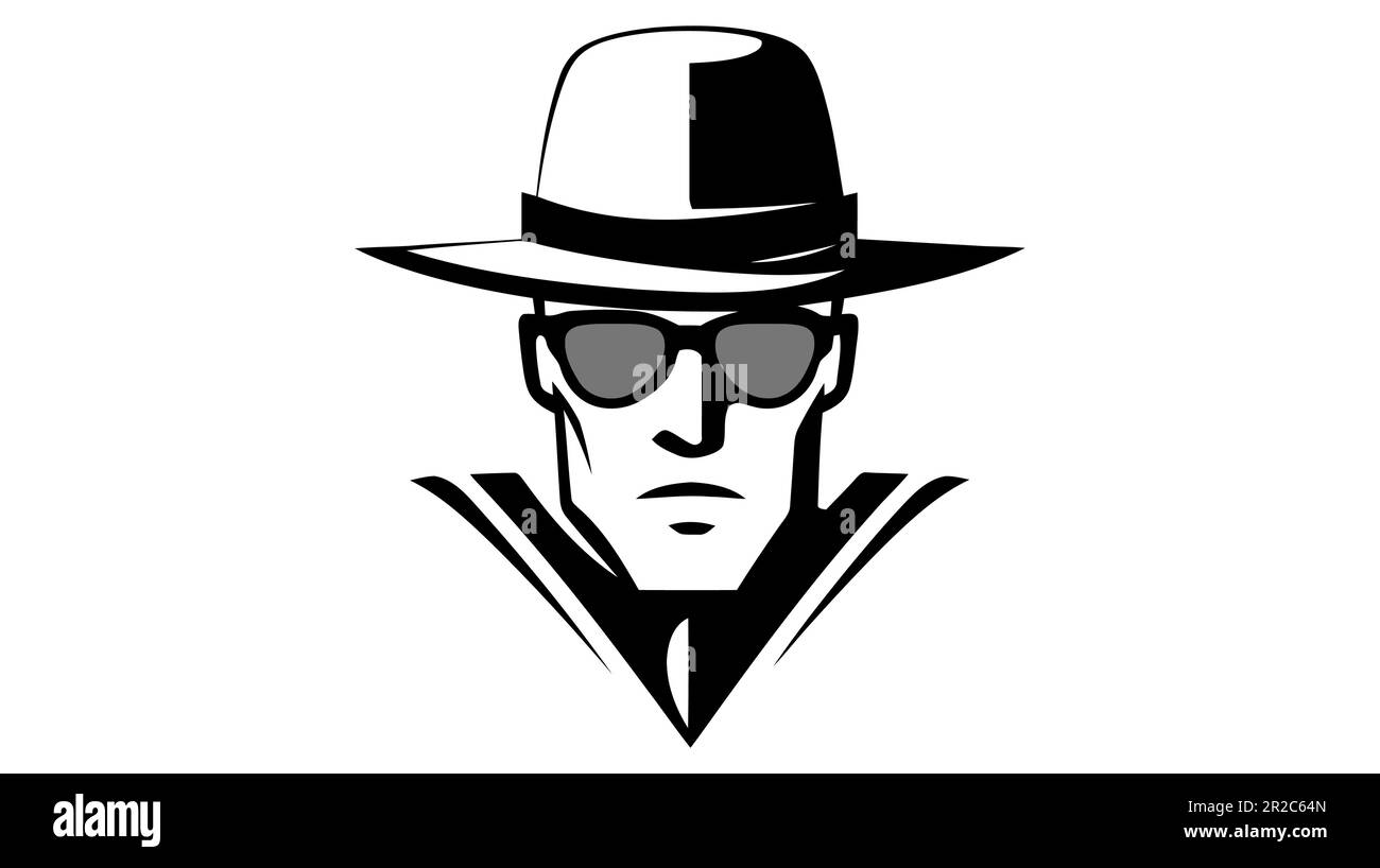 Modello per il rilevamento delle spionate. Logo hacker criminale su Internet. Concetto di indagine. Illustrazione vettoriale. Illustrazione Vettoriale