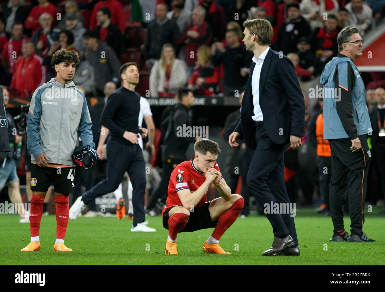 BayArena Leverkusen Germania 18.5.2023 Calcio: Europa League Semifinale seconda tappa, Bayer 04 Leverkusen (B04, rosso) vs AS Roma (ASR, bianco) — Florian Wirtz (B04) Foto Stock