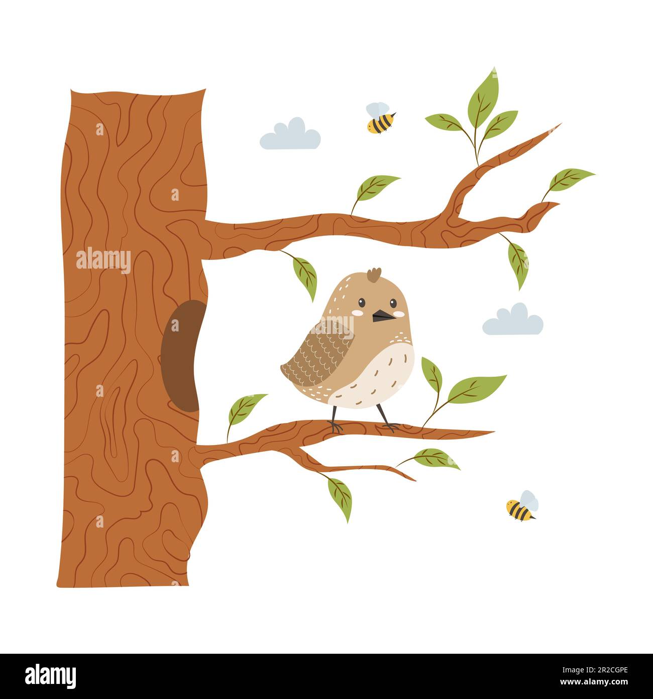 L'uccello carino si siede su un ramo dell'albero. Illustrazione Vettoriale