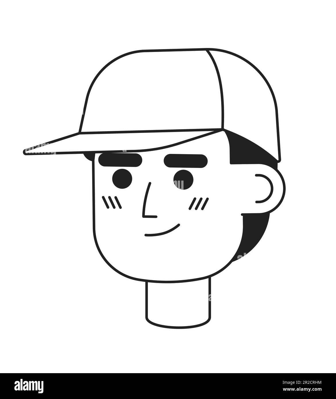 Allenatore sorridente e sicuro che indossa un cappello da baseball, una testa lineare piatta e monocromatica Illustrazione Vettoriale