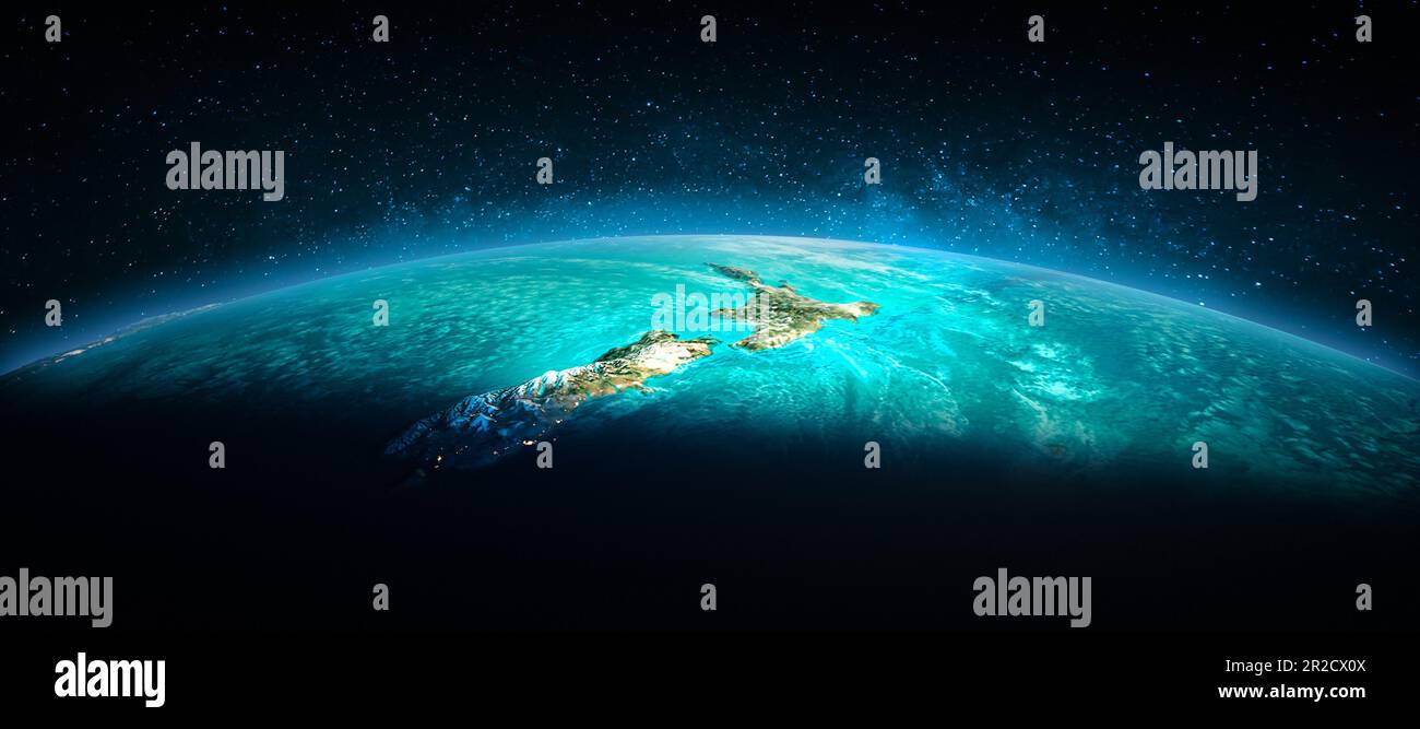 Nuova Zelanda da spazio. Gli elementi di questa immagine fornita dalla NASA. Il rendering 3D Foto Stock