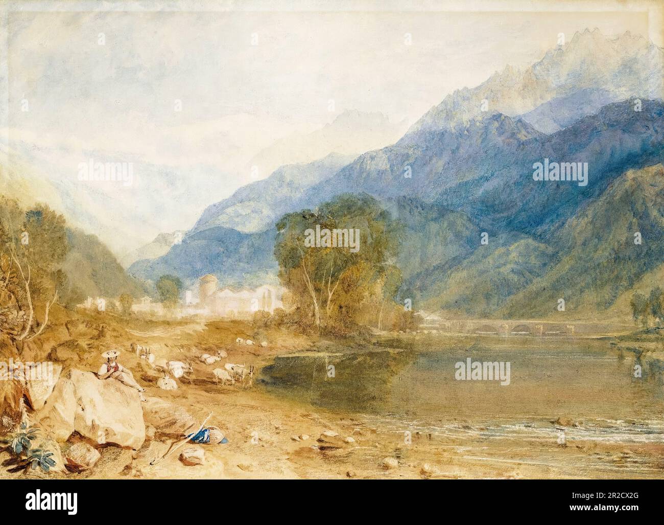 JMW Turner, Una vista dal castello di San Michele, Bonneville, Savoia, dalle rive del fiume Arve, pittura di paesaggio prima del 1851 Foto Stock