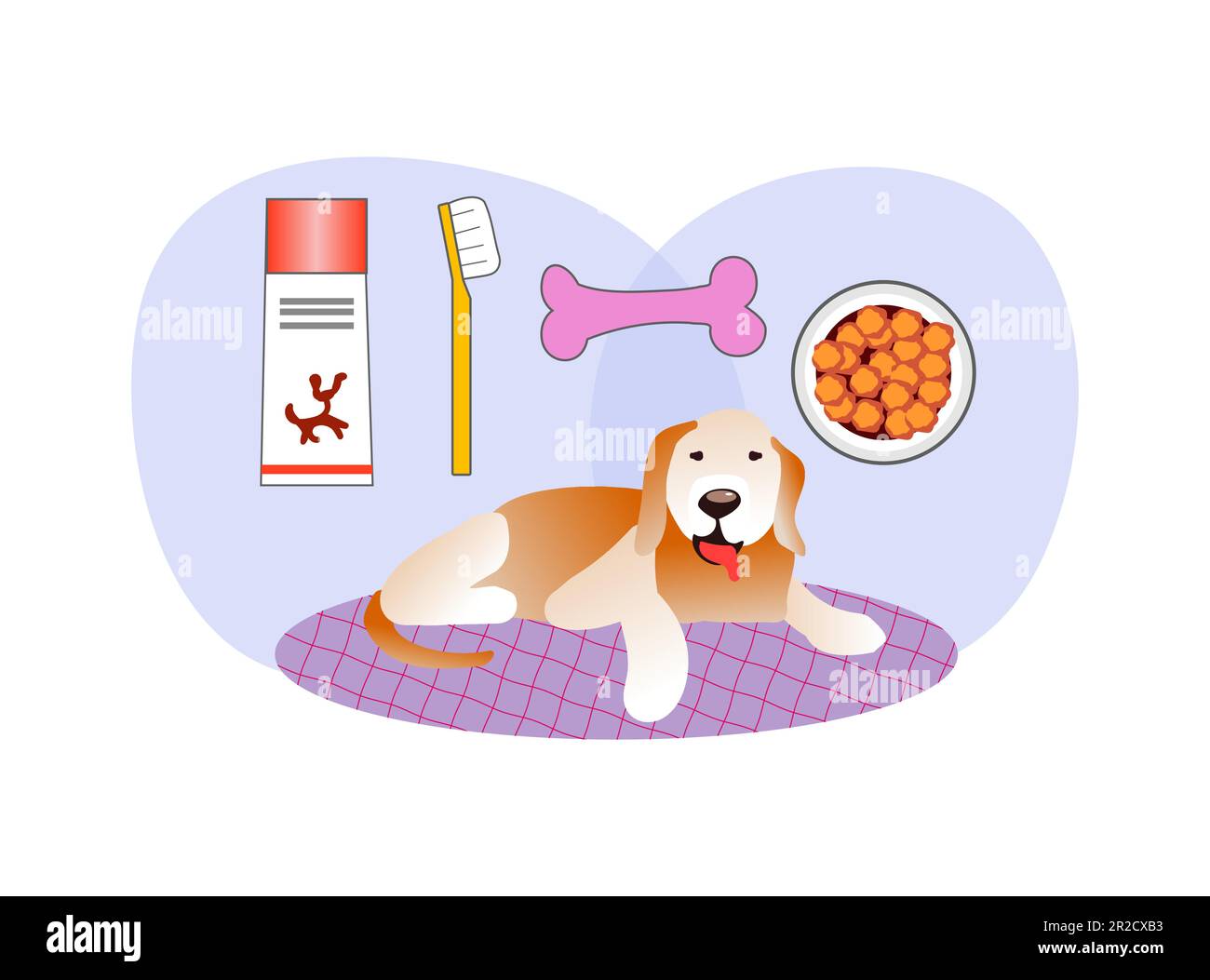 Illustrazione vettoriale circa i benefici di preoccuparsi per i denti dei cani. Cane soddisfatto, spazzolino da denti e paste.igiene orale per i cani. Immagini per la cura dentale. Prevenzione delle malattie gengivali. Cura dentale. Sensibilizzazione sull'igiene orale dei cani Illustrazione Vettoriale