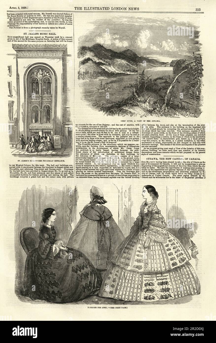 Pagina del giornale vittoriano, 1858, St JaME's Music Hall, Londra, Deep River Ottawa, Women's fashions 19th Century Foto Stock