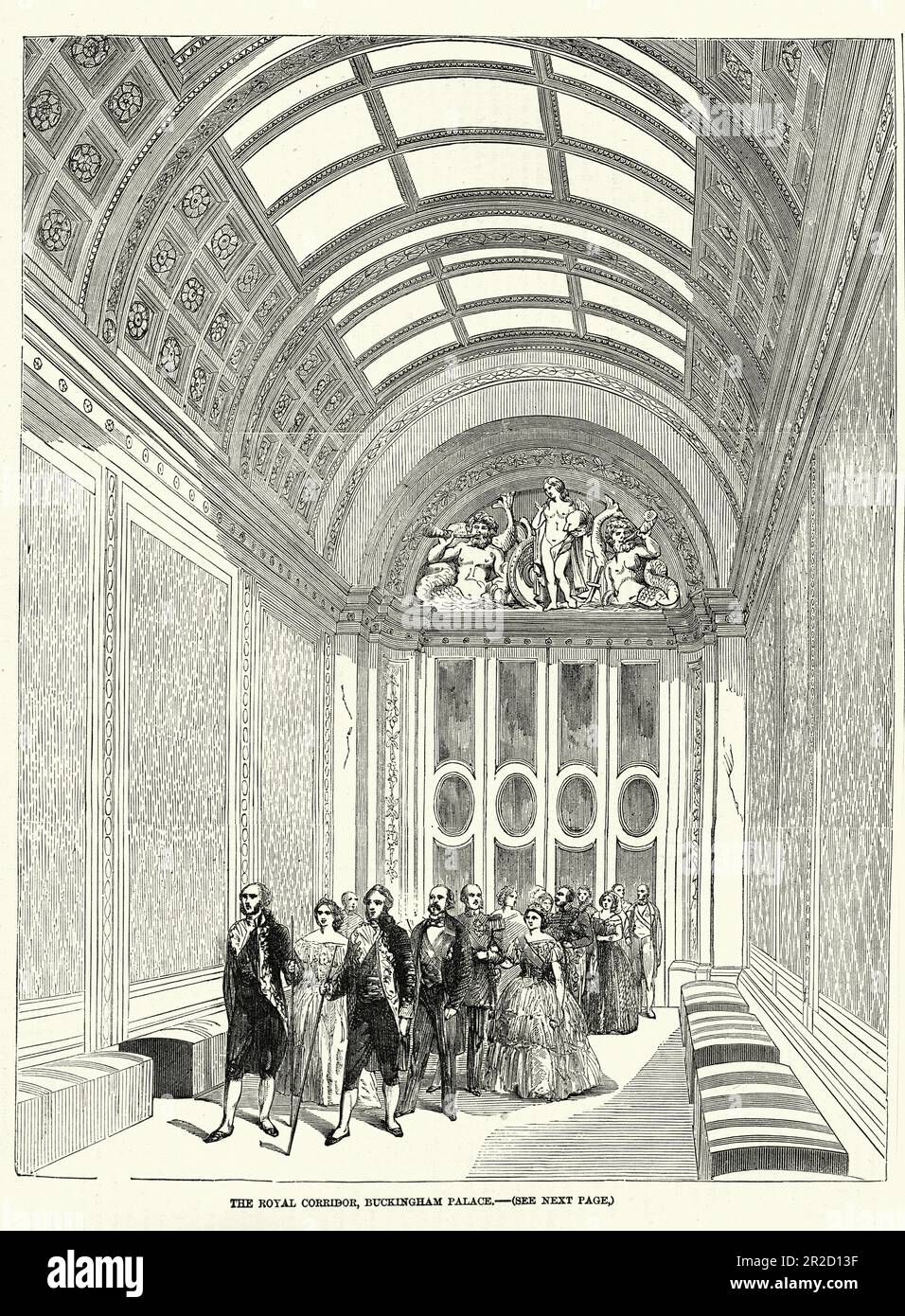 Illustrazione vintage del corridoio reale, Buckingham Palace, 1850s, 19th ° secolo Foto Stock