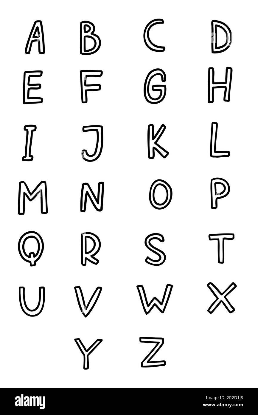 Forme irregolari nero inglese latino abc carattere Alfabeto Da A a Z. Vector illustrazione a mano disegnata contorno stile doodle isolato su sfondo bianco. FO Illustrazione Vettoriale