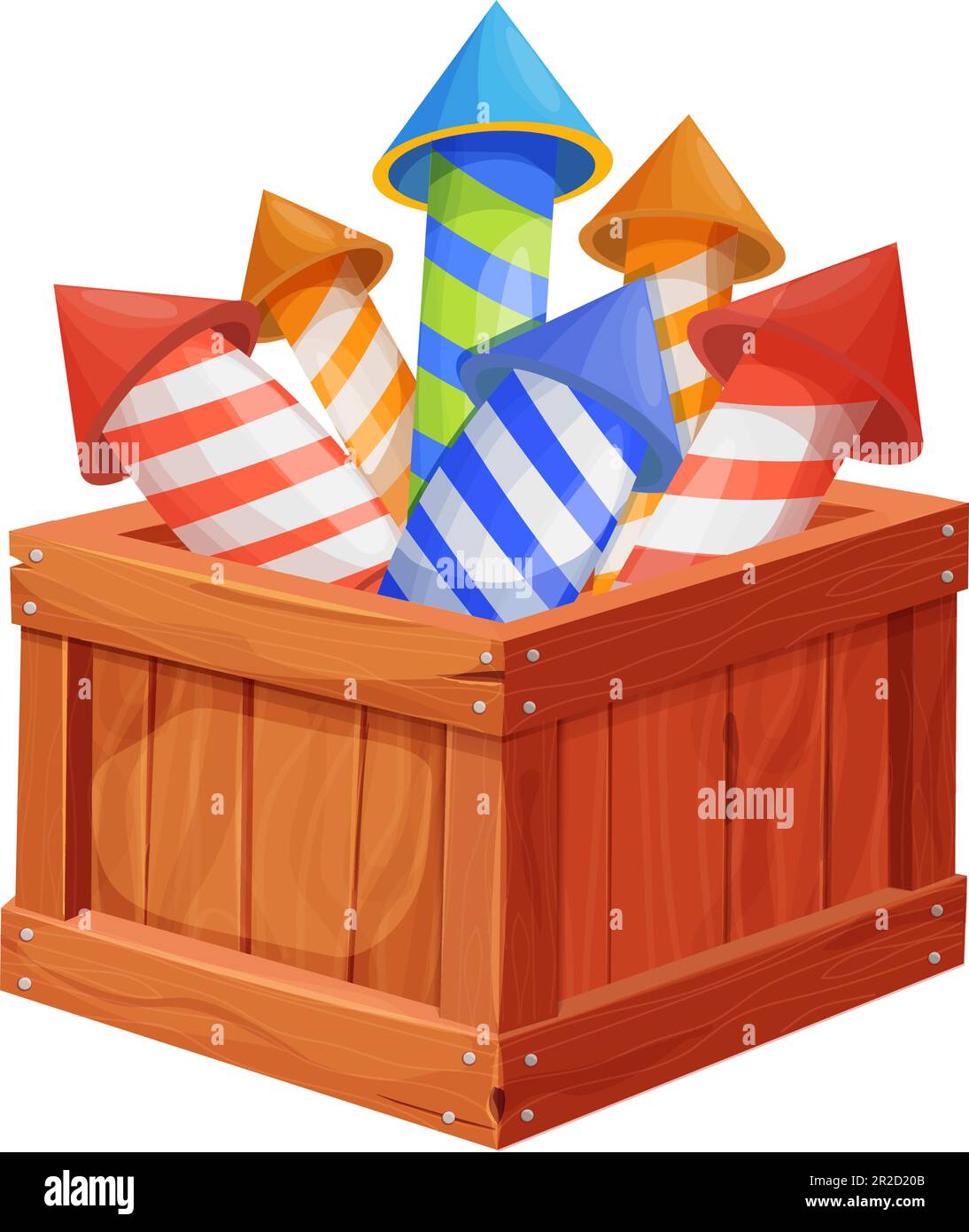 Fuochi d'artificio pirotecnico in scatola di legno set con razzi e fuochi d'artificio per festival, feste in stile cartoon isolato su sfondo bianco Celebrazione di ogni occasione elementi di saluto dispositivi pirotecnici. Illustrazione vettoriale Illustrazione Vettoriale