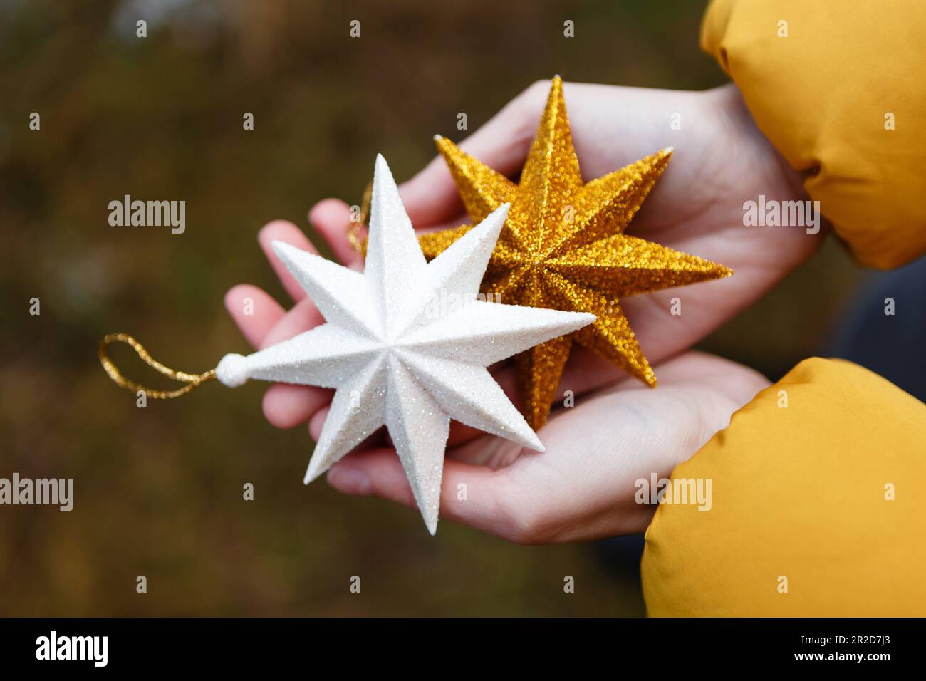 decorazioni natalizie in mano sullo sfondo degli alberi di natale Foto Stock