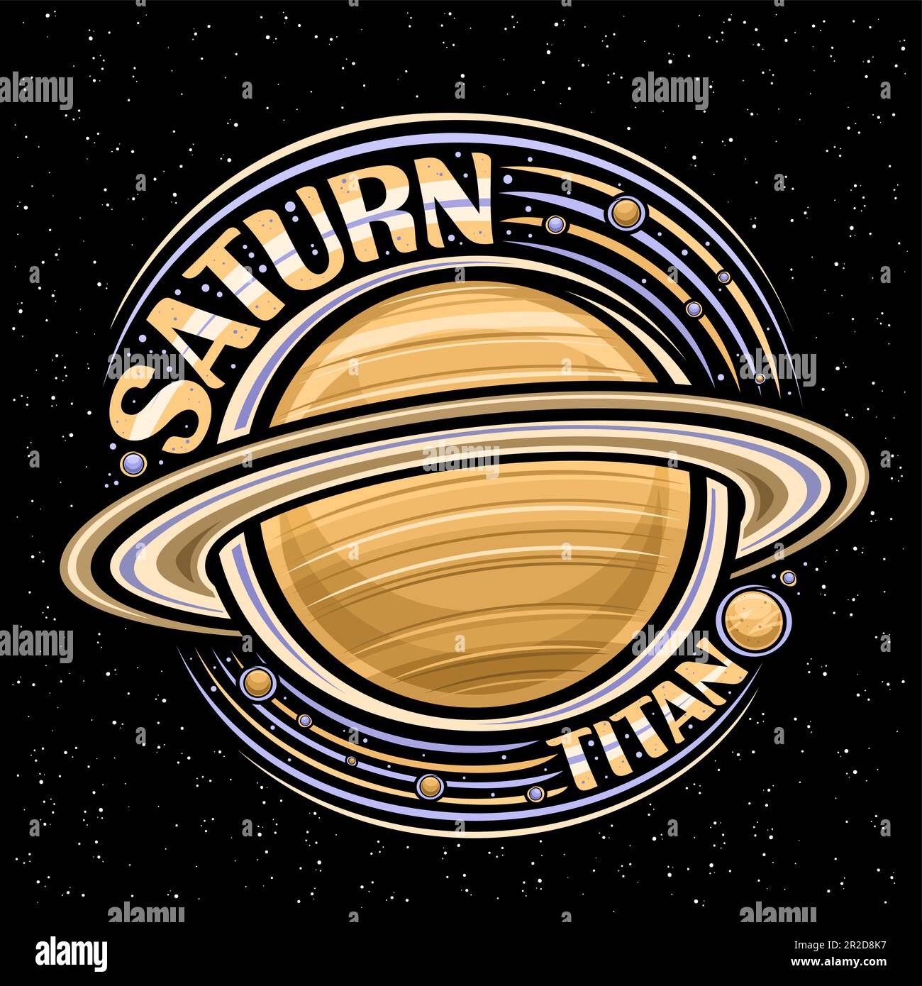 Logo vettoriale per Saturno, stampa fantasy decorativa con pianeta rotante saturno e molte lune, superficie ventosa a gas, etichetta cosmo rotonda con scritte uniche Illustrazione Vettoriale