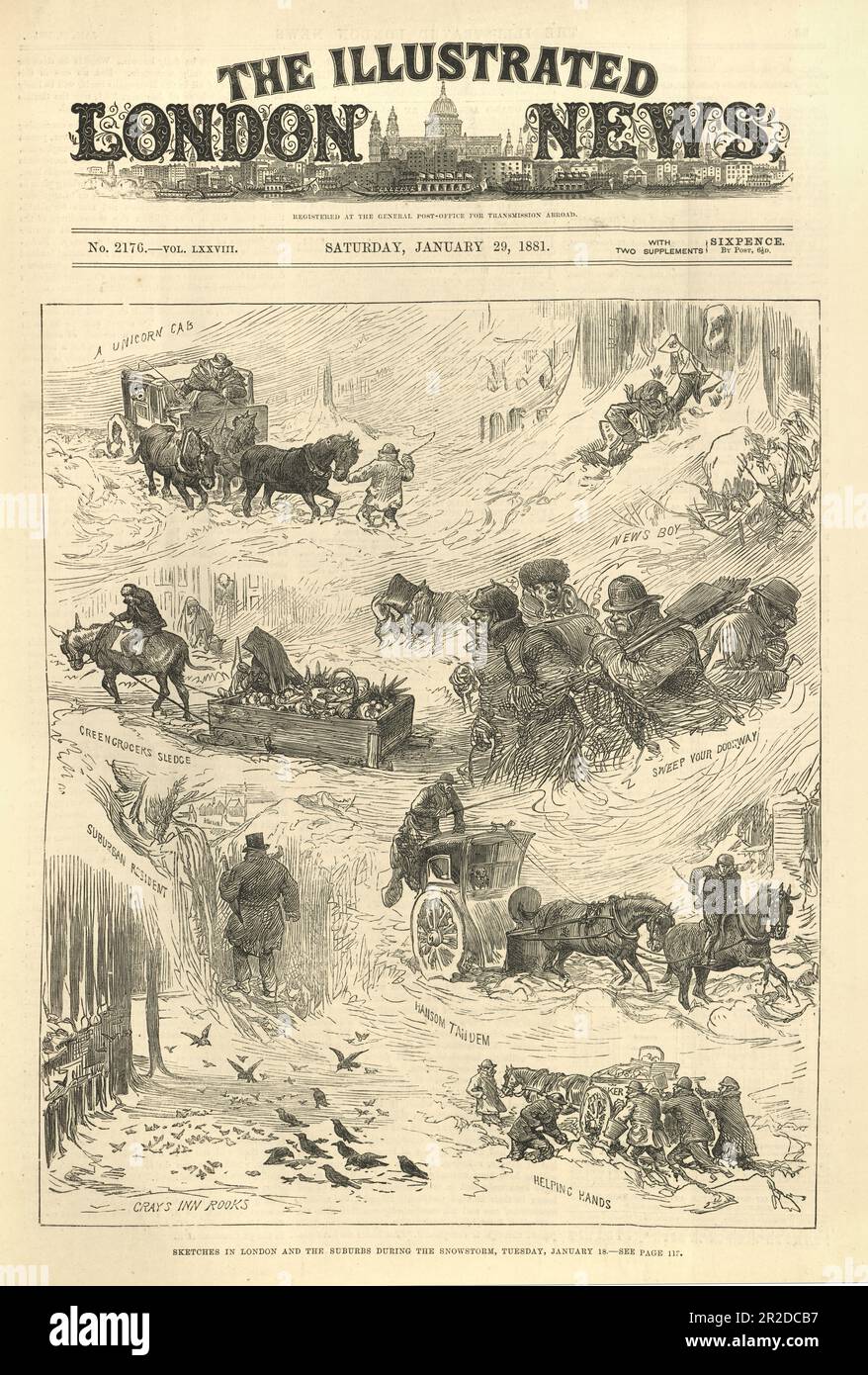 Illustrazione vintage di schizzi da Londra e la periferia durante una tempesta di neve, 1881, vittoriano 19th ° secolo Foto Stock