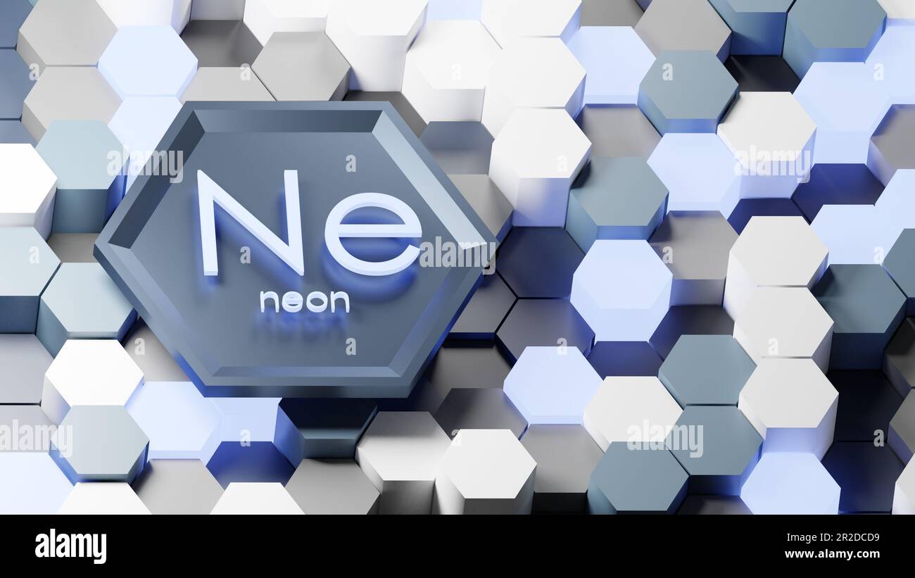3D resa di reticolo di cristallo esagonale di elemento chimico di gas Neon. Produzione di materiale a nido d'ape industriale. Illus grigio blu realistico Foto Stock