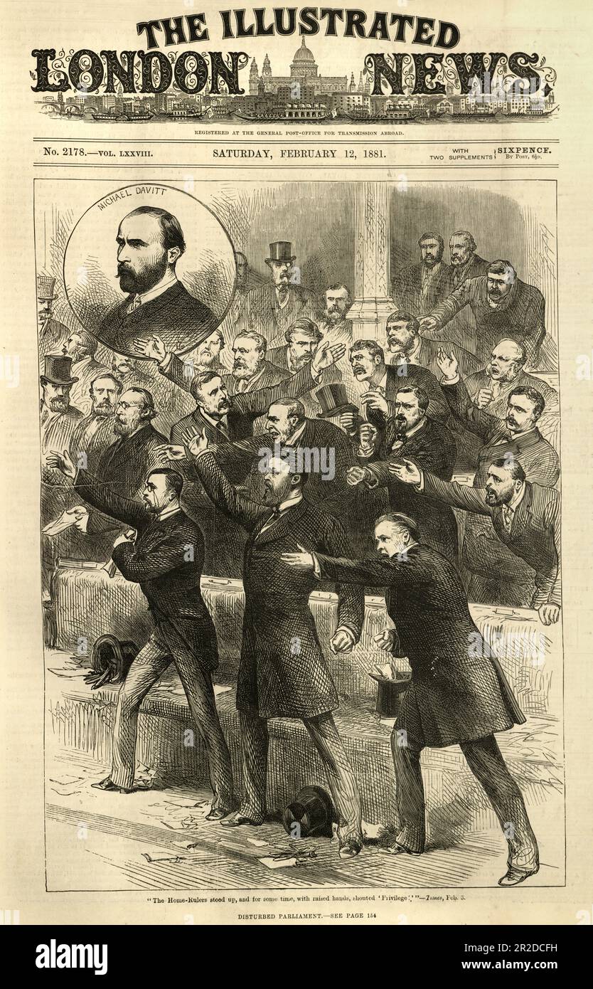 Illustrazione vintage Michael Davitt e la casa irlandese governano MP nella Camera dei Comuni, 1880s, 19th ° secolo. Foto Stock