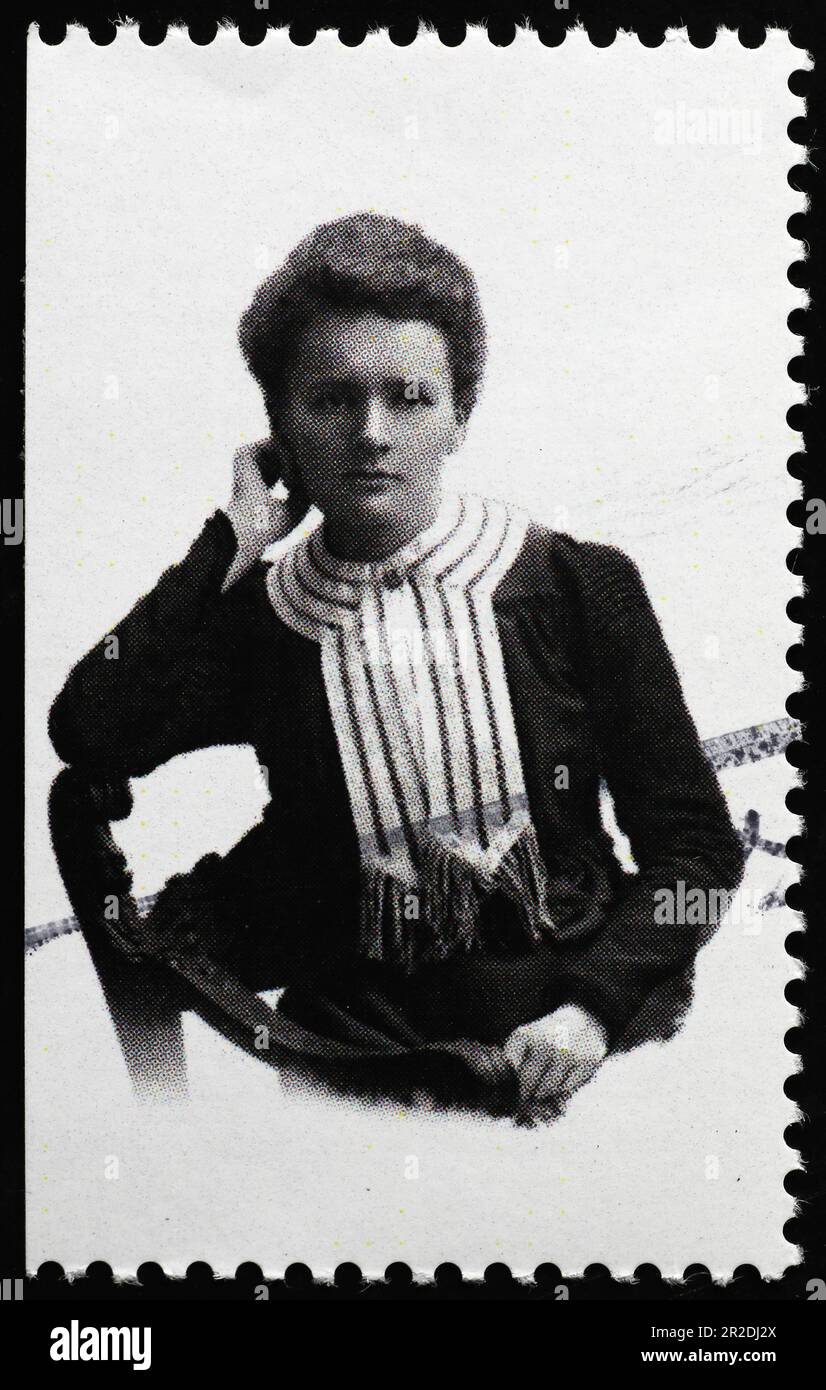 Ritratto in bianco e nero di Marie Curie sul francobollo Foto Stock