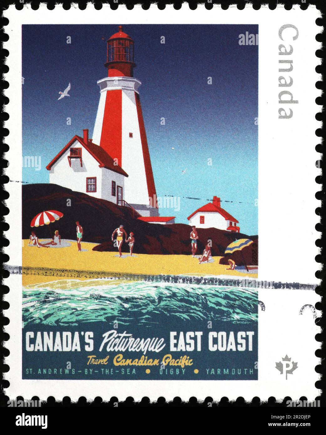 Poster turistico d'epoca su francobollo canadese Foto Stock