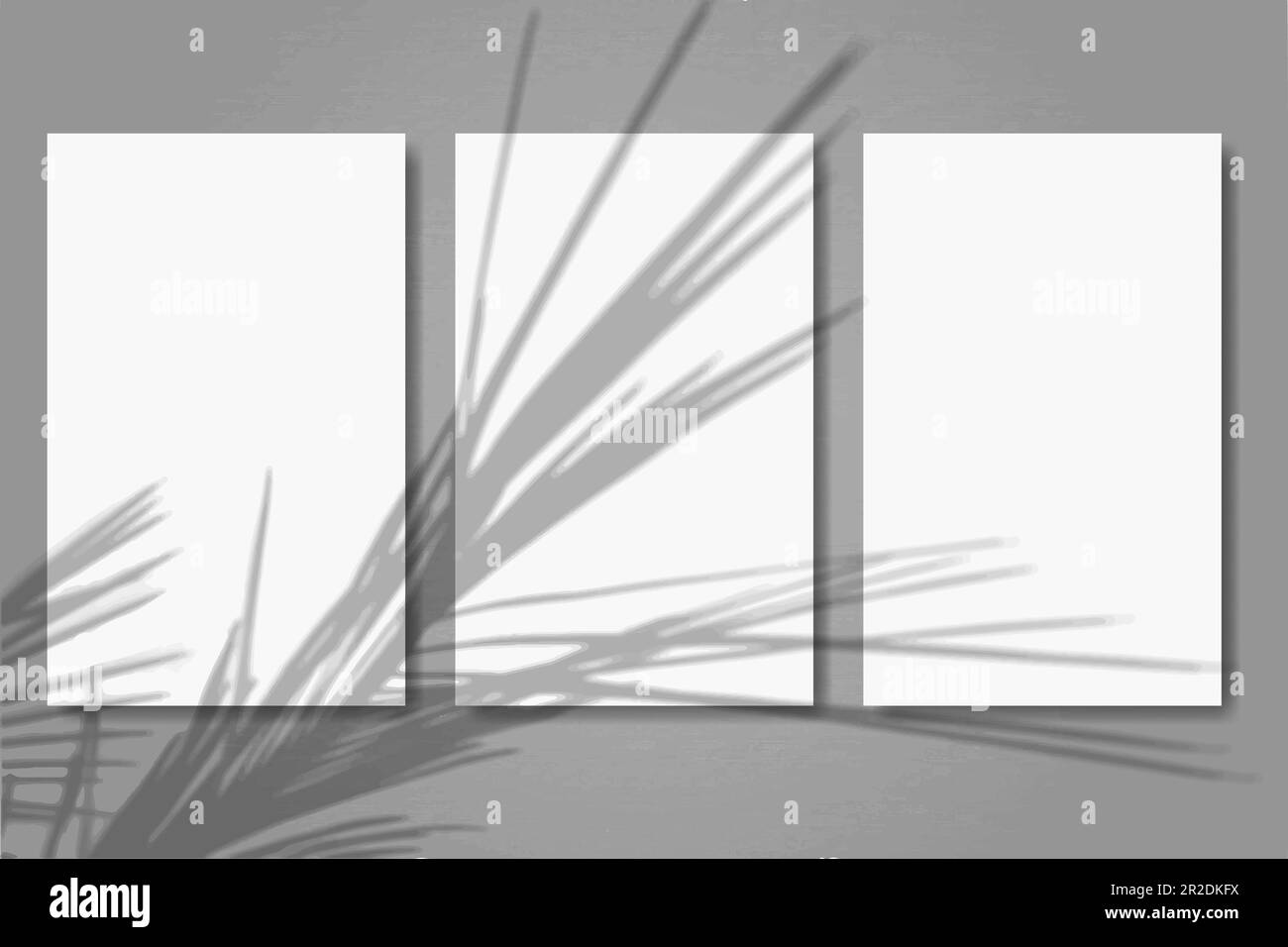 3 fogli verticali di carta bianca testurizzata su sfondo grigio del tavolo. Rimani in forma con una sovrapposizione di ombre di piante. La luce naturale proietta ombre dal pal Illustrazione Vettoriale