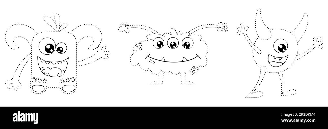 Collegare i puntini, gioco educativo per bambini, mostri cartoni animati, alieni Illustrazione Vettoriale