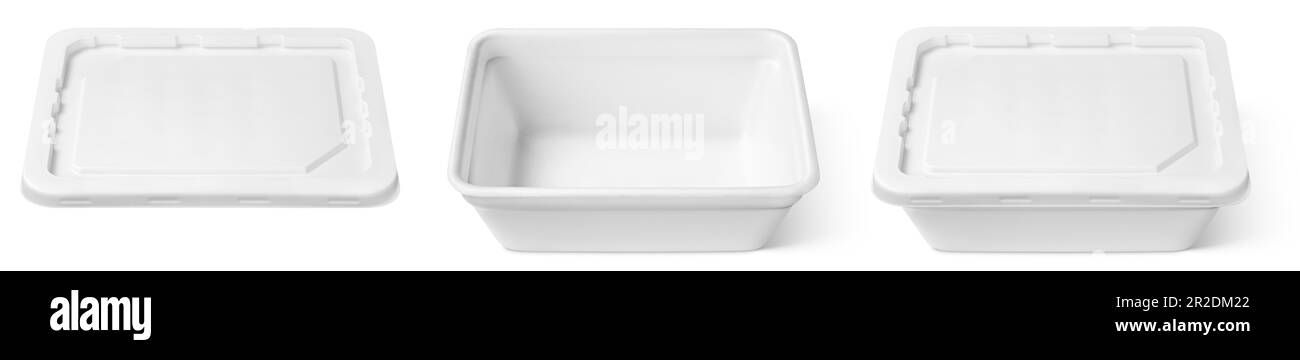 Set di contenitori per alimenti in polistirolo bianco vuoti, aperti e chiusi, con coperchio in plastica isolato su sfondo bianco con percorso di ritaglio Foto Stock