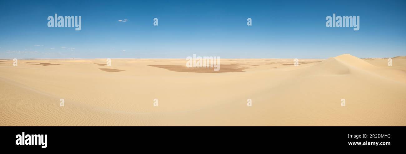 Panorama vista panoramica del deserto desolato e arido occidentale in Egitto con grandi dune di sabbia sullo sfondo blu del cielo Foto Stock