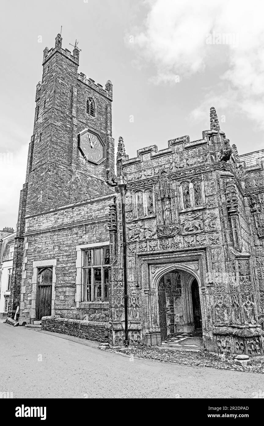 Immagine fotografica monocromatica del portico sud della chiesa di Santa Maria Maddalena a Launceston, un bell'edificio tardo medievale con superba g Foto Stock