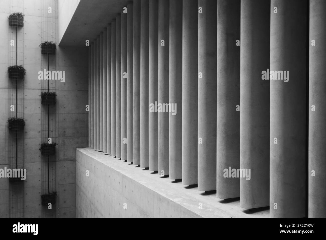 Hong Kong, Cina - Aprile 10 2023: Facciata ad atrio in cemento dettaglio del Museo M Plus nel quartiere Culturale di Kowloon Ovest Foto Stock