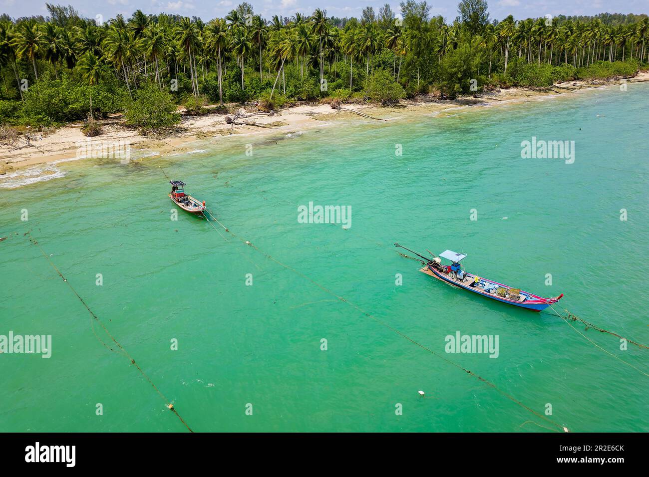 Tradizionali barche da pesca thailandesi a coda lunga ancorate su una piccola spiaggia tropicale costeggiata da palme (Khao Lak, Thailandia) Foto Stock