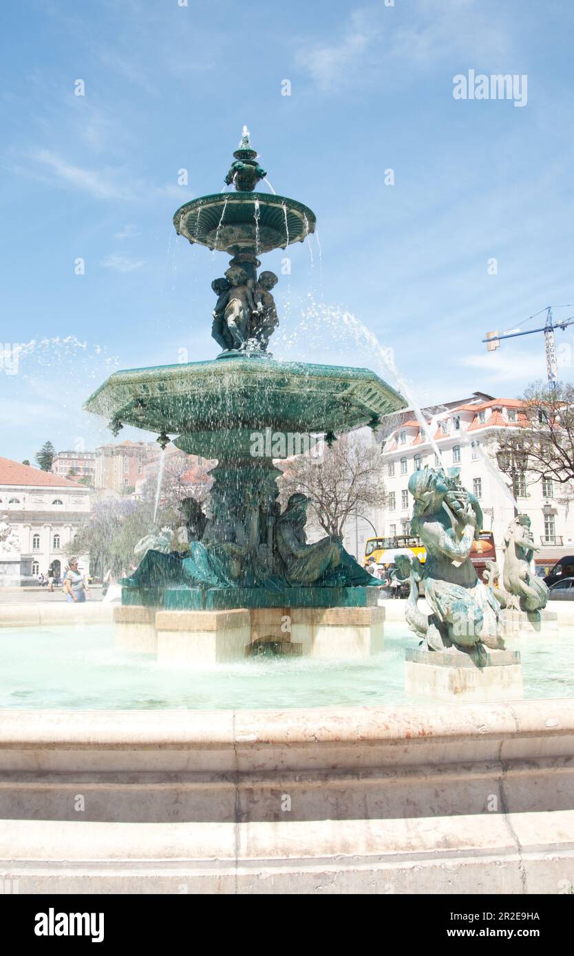 Fontana, Rossio Sqaure, Lisbona, Portogallo Foto Stock