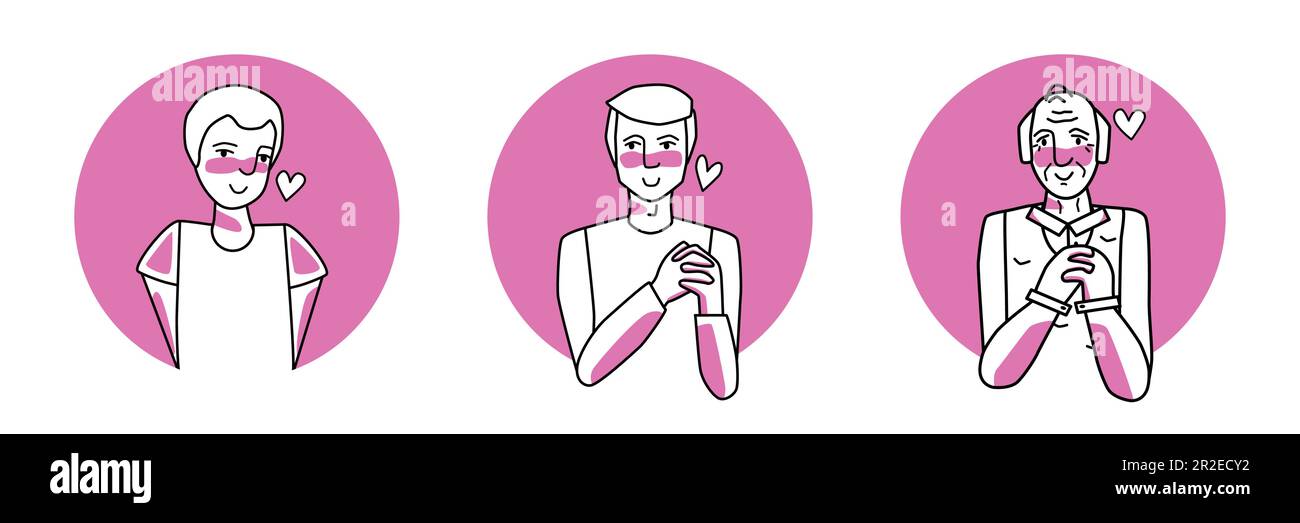Set di icone cerchio maschile in amore. Collezione di amati giovani, adulti e anziani con passione, sorridenti. Colori rosa e bianco, disegno d'arte human cha Illustrazione Vettoriale