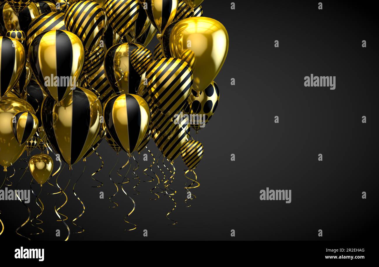 Eleganti palloncini in elio che volano su sfondo nero per annunci, compleanni e inviti. Sfondo festivo e festivo. Foto Stock