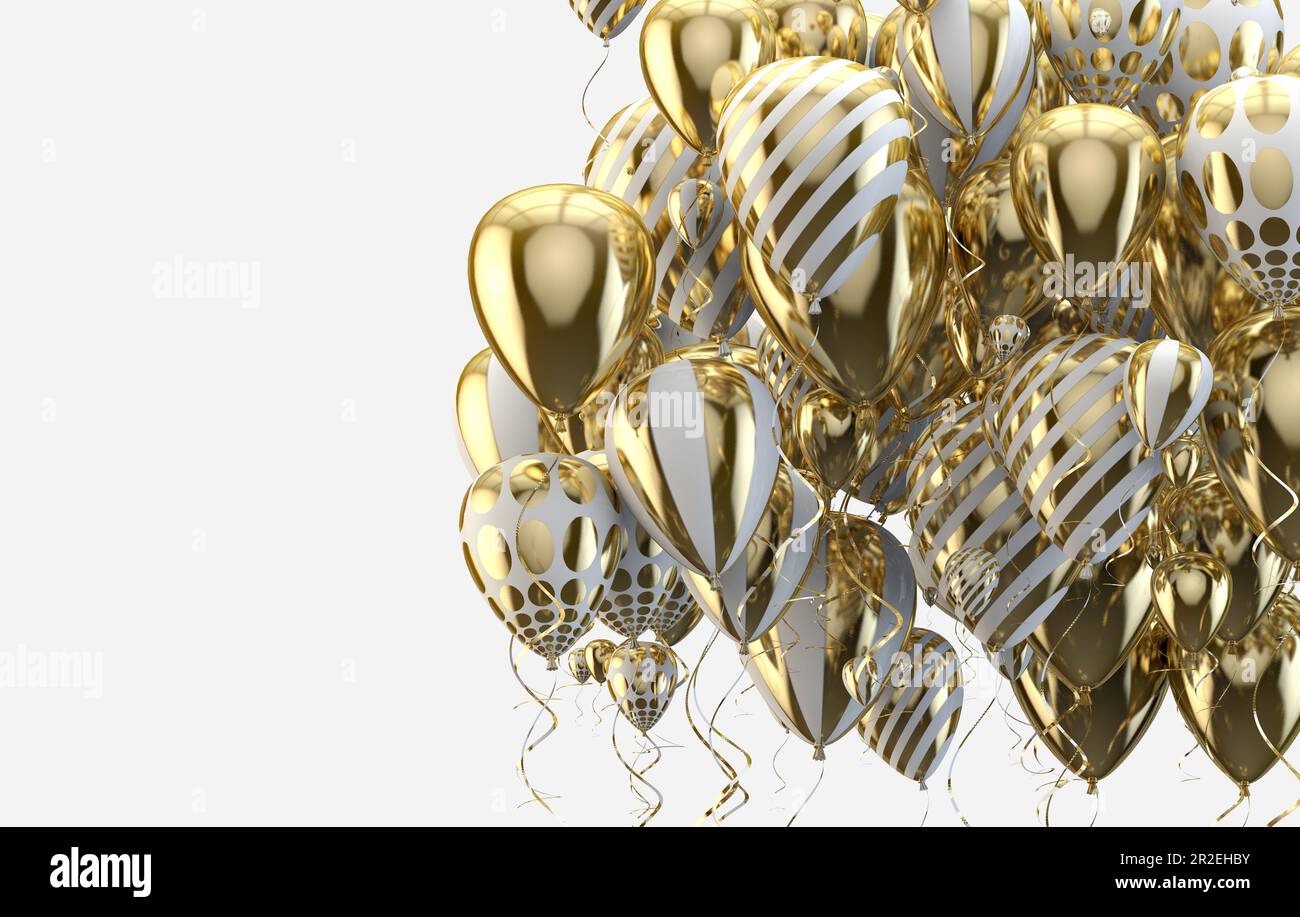Eleganti palloncini in elio che volano su sfondo bianco per annunci, compleanni e inviti. Sfondo festivo e festivo. Foto Stock