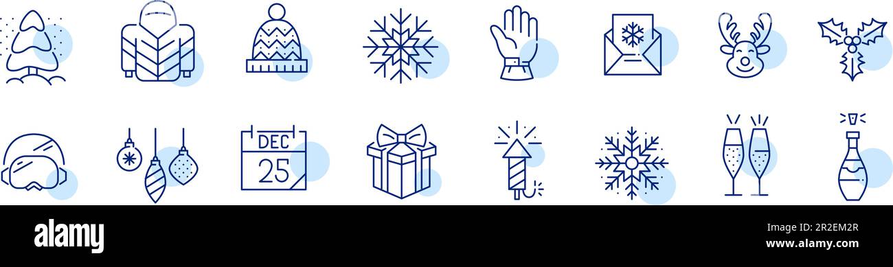 Icone di linea di festa di Natale. Fiocchi di neve, regali, champagne e renne. Pixel Perfect, tratto modificabile Illustrazione Vettoriale