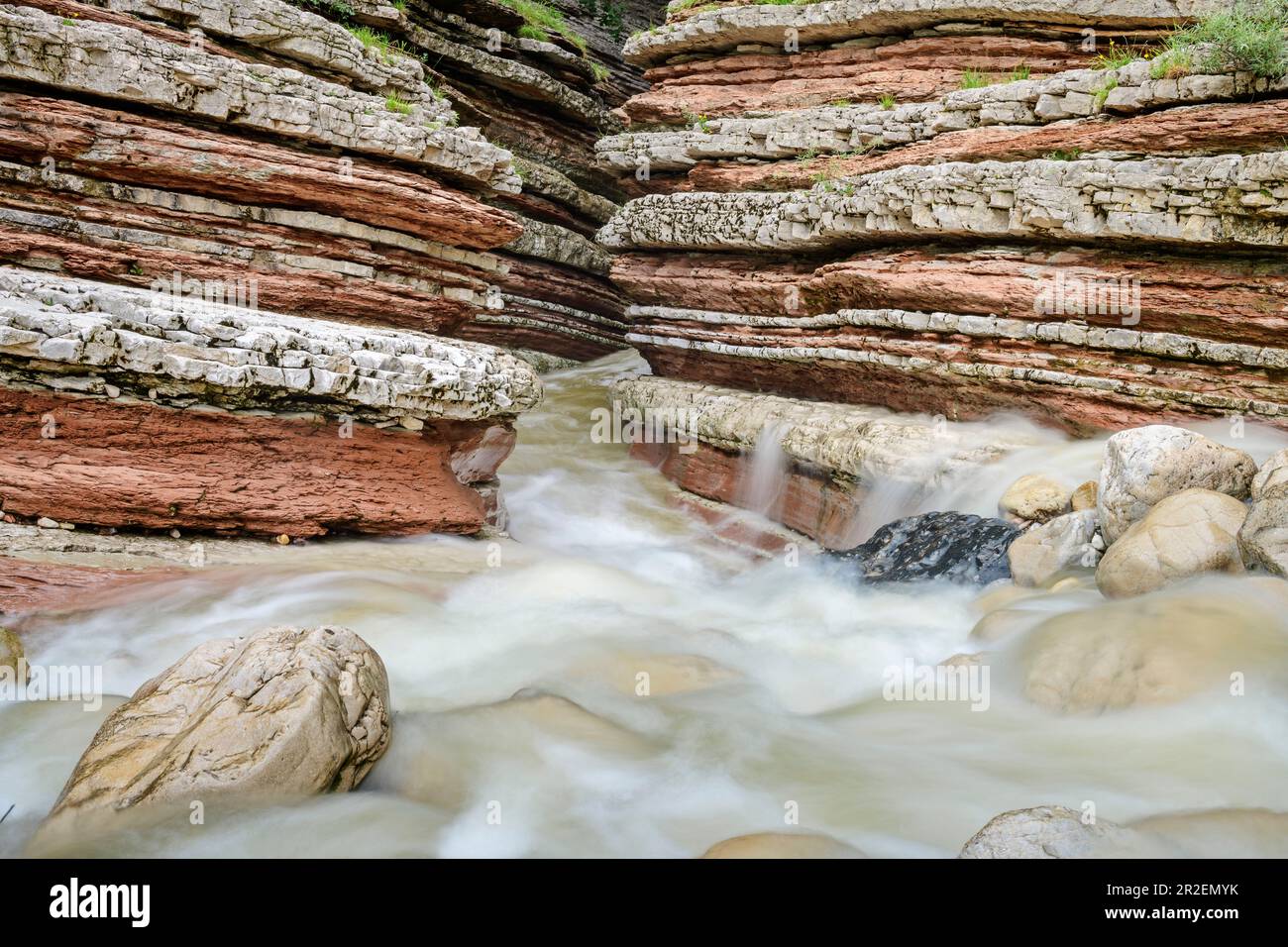 Il torrente scorre attraverso il canyon con rocce rosse, Brent de l'Art, Belluno Prealps, Belluno, Veneto, Italia Foto Stock