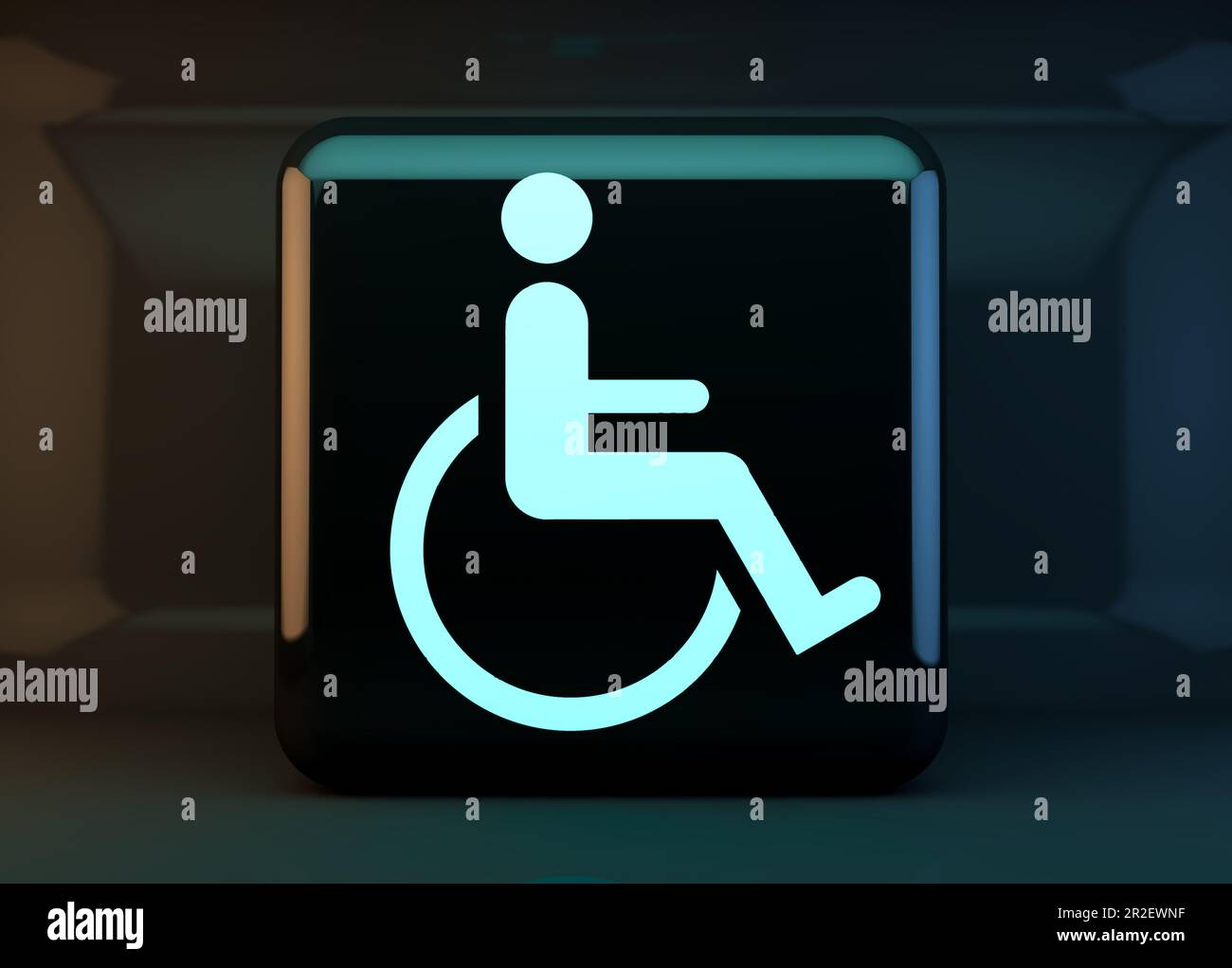 Accesso a siti Web e tecnologia Internet online applicata alle persone con disabilità.simbolo handicap o sedia a rotelle.illustrazione 3D. Foto Stock