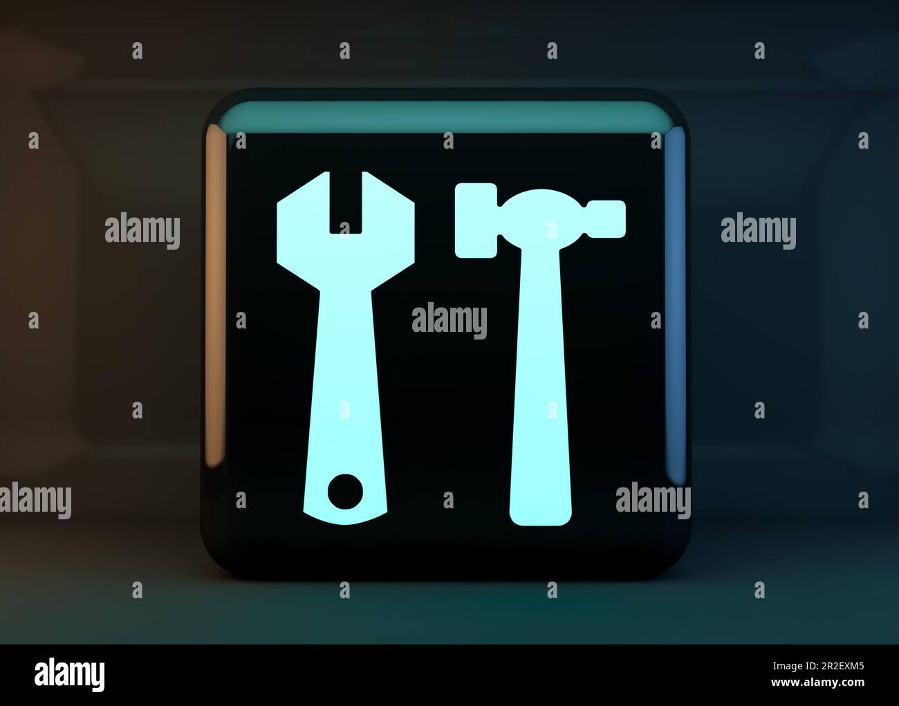 Pulsante di configurazione o riparazione su Internet o su una pagina Web su sfondo nero. Foto Stock
